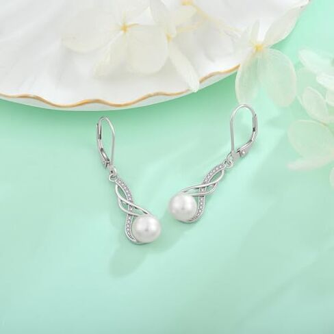 Pearl Pendant Necklace and Earrings Set for Women, Gifts For Women Wife Mother's Day Anniversary, 925 Sterling Silver Infinity Jewelry Set with 8mm Freshwater Cultured Pearl Jewelry White in Saudi Arabia