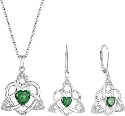 FJ Irish Celtic Knot Jewelry Set for Women 925 Sterling Silver Emerald Necklace and Earrings Set May Birthstone Jewelry Gifts in Kuwait