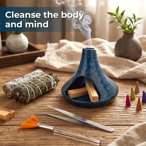 Palo Santo Chimney,Palo Santo Holder Ceramic Aroma Holder Incense Holder for Sticks Sage Cones Blue Incense Burner Ceramic Mini Chimney for Meditation Yoga, Ash Catcher Room Home Decor (Blue-A) in Saudi Arabia