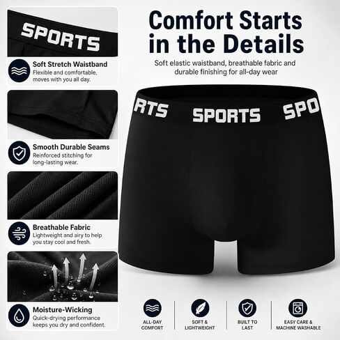 6 pcs Men's Boxer Underwear, Soft Breathable Boxers Briefs, Moisture-Wicking Underwear for Men（Black） in Kuwait