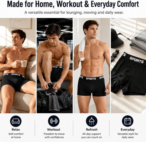 6 pcs Men's Boxer Underwear, Soft Breathable Boxers Briefs, Moisture-Wicking Underwear for Men（Black） in Kuwait