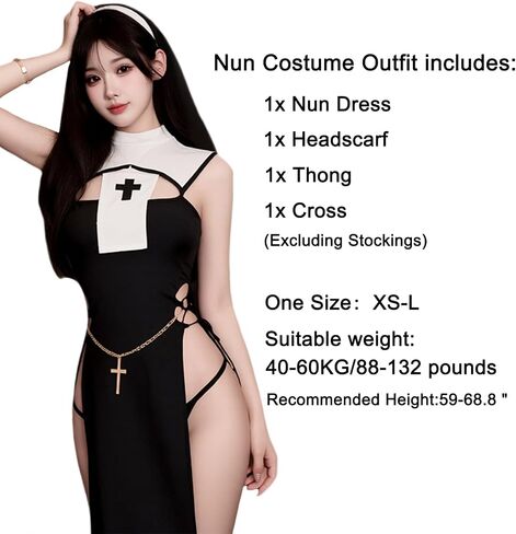 Sexy Nun Costume Outfit for Women Cosplay Nun Lingerie Set Cosplay Costume Dress Outfit Nun Habit with Nun Hat, Cross Pendant in Saudi Arabia