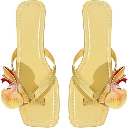 RoseSeek Women's Flower Sandals Slip on Flat Sandals Cute Square Open Toe Slides Summer Vacation Beach Shoes in Kuwait