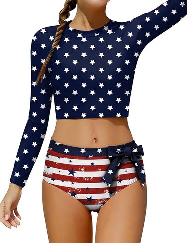 GEMLON Girls Rash Guard Swimsuit Bathing Suits Solid Color Long Sleeve Crop Swimsuit and Shorts with Bow Girls' Swimwear 7-16 in Saudi Arabia