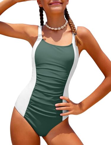Girls Swimsuit One Piece Ruched Bathing Suit for Teen Girl Color Block Adjustable Straps Padded Swimwear 7-16 Y in Saudi Arabia