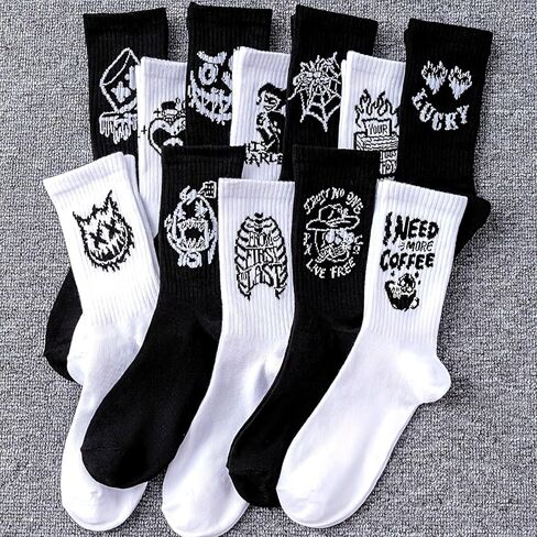 Men's Athletic Crew Socks, Black and White, Graphic Print, Polyester, One Size in Kuwait