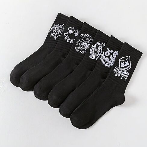 Men's Athletic Crew Socks, Black and White, Graphic Print, Polyester, One Size in Kuwait