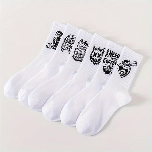 Men's Athletic Crew Socks, Black and White, Graphic Print, Polyester, One Size in Kuwait