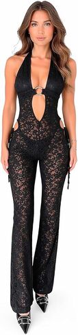 RM Clothing Women's Black Lace Jumpsuit, Halter Neck, Flare Leg, Sculpted Fit in Kuwait