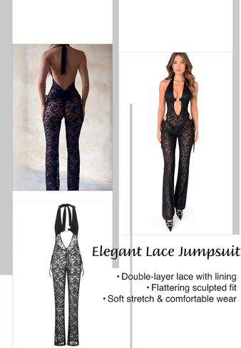 RM Clothing Women's Black Lace Jumpsuit, Halter Neck, Flare Leg, Sculpted Fit in Kuwait