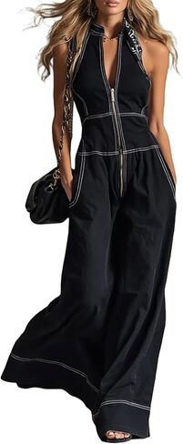 Womens Jumpsuit Zipper Front Halter Wide Leg Contrast Stitching Casual Elegant Romper in Saudi Arabia