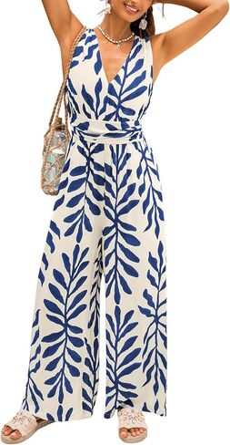 CUPSHE Women's Summer Tropical Jumpsuit Wide Leg V Neck Sleeveless Maxi One Piece Romper with Pockets Beach Vacation Outfit in Kuwait
