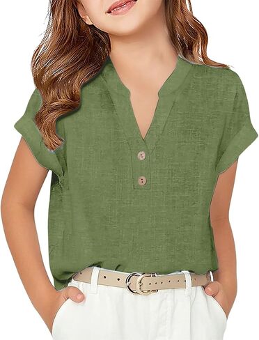 Girls Linen Shirt Short Sleeve Button Down Shirts V Neck Casual Tunic Blouse for Teens Girls Linen Tops School Uniform in Kuwait