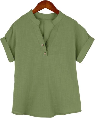 Girls Linen Shirt Short Sleeve Button Down Shirts V Neck Casual Tunic Blouse for Teens Girls Linen Tops School Uniform in Kuwait