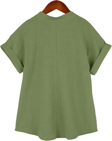 Girls Linen Shirt Short Sleeve Button Down Shirts V Neck Casual Tunic Blouse for Teens Girls Linen Tops School Uniform in Kuwait