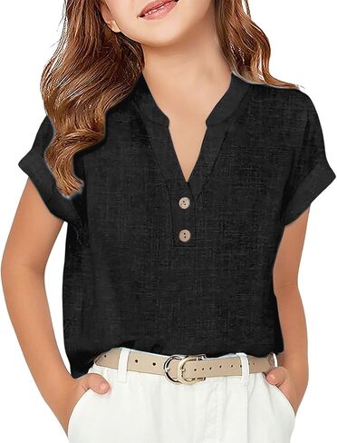 Girls Linen Shirt Short Sleeve Button Down Shirts V Neck Casual Tunic Blouse for Teens Girls Linen Tops School Uniform in Kuwait