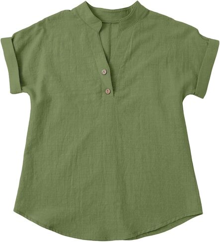 Girls Linen Shirt Short Sleeve Button Down Shirts V Neck Casual Tunic Blouse for Teens Girls Linen Tops School Uniform in Kuwait