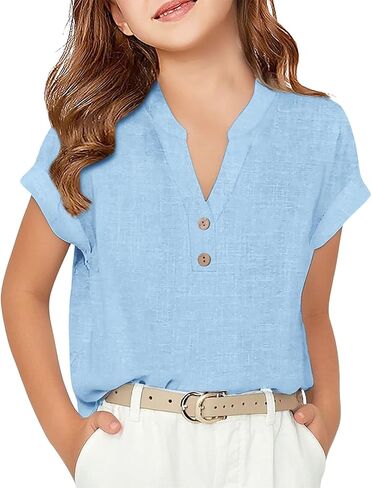 Girls Linen Shirt Short Sleeve Button Down Shirts V Neck Casual Tunic Blouse for Teens Girls Linen Tops School Uniform in Kuwait