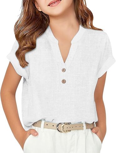 Girls Linen Shirt Short Sleeve Button Down Shirts V Neck Casual Tunic Blouse for Teens Girls Linen Tops School Uniform in Kuwait