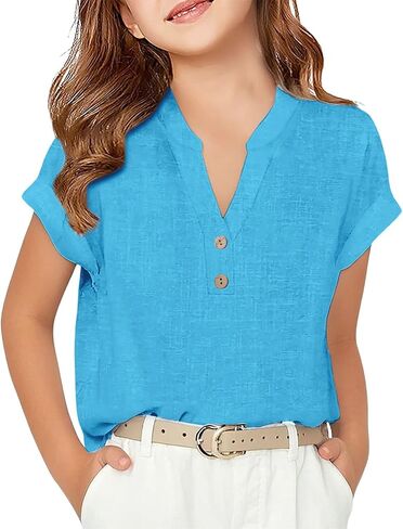 Girls Linen Shirt Short Sleeve Button Down Shirts V Neck Casual Tunic Blouse for Teens Girls Linen Tops School Uniform in Kuwait