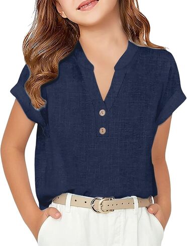 Girls Linen Shirt Short Sleeve Button Down Shirts V Neck Casual Tunic Blouse for Teens Girls Linen Tops School Uniform in Kuwait