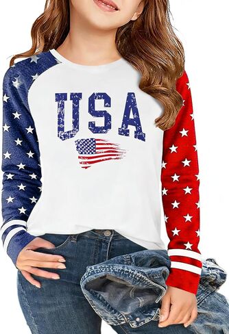 4th of July Shirts for Girls Boys Kids Long Sleeve American Flag T-Shirt USA Flag Patriotic Graphic Tops 5-14 Y in Saudi Arabia