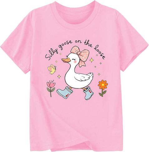 Girls Summer Cotton Short Sleeve Graphic T-Shirts Cute Goose & Hawaiian Floral Print Tees 5-13 Years in Kuwait