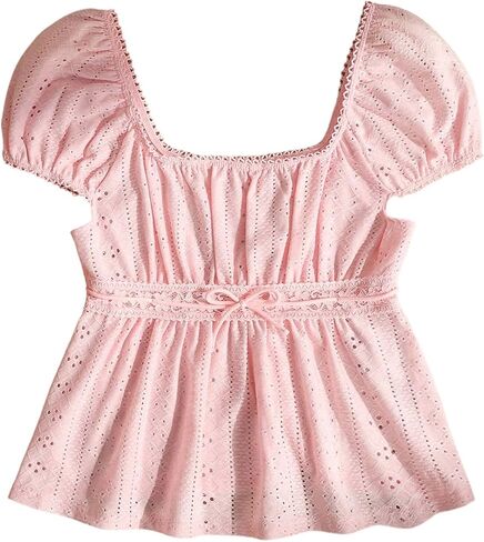 SOLY HUX Girl's Summer Lace Peplum Top Square Neck Short Sleeve Tee Shirts Eyelet Cute Tops in Kuwait