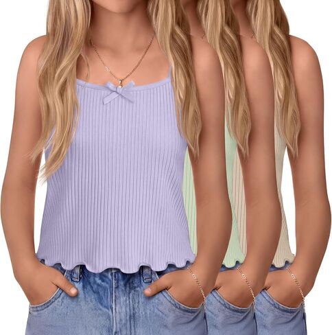 3 Pack Girl's Camisole Ribbed with Bow Undershirts Loose Cropped Stretchy Tank Tops for Toddler Basic Solid 3t-12y in Kuwait