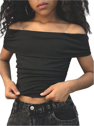 OYOANGLE Girl's Off The Shoulder Crop Top Short Sleeve Ruched Summer Casual T Shirt in Kuwait