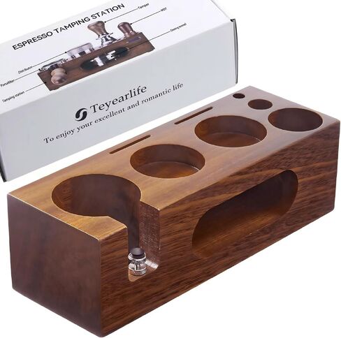 Walnut espresso tamping station called Coffee Tamper Station Fit 51 to 54mm Espresso Accessories The tamper holder Or organizer station Adjustable Portafilters Stand Height (7 IN One) in Kuwait