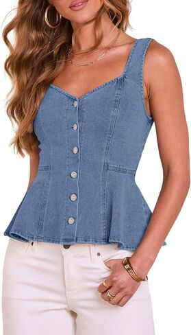 Women's Denim Tank Tops Sleeveless Sweetheart Neck Peplum Vests Button Down Fitted Jean Waistcoats in Saudi Arabia