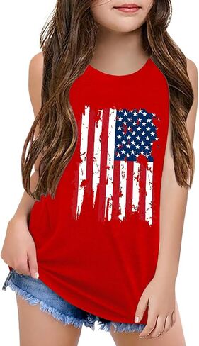 4th of July Tank Tops for Girls Boys Kids American Flag Sleeveless Shirts USA Patriotic Graphic T-Shirt 5-14 Years in Saudi Arabia