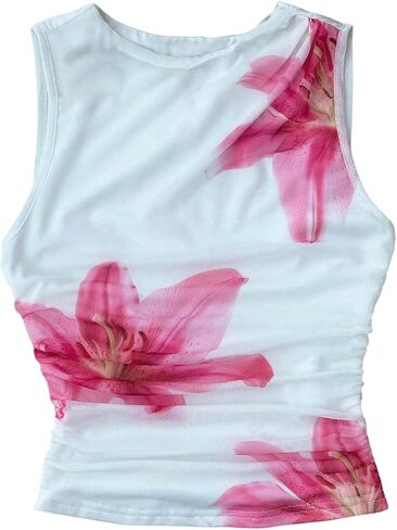 OYOANGLE Girl's Floral Crop Tank Top Sleeveless Ruched Fitted Beach Vacation Tops Hawaiian Clothes in Kuwait