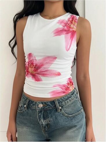 OYOANGLE Girl's Floral Crop Tank Top Sleeveless Ruched Fitted Beach Vacation Tops Hawaiian Clothes in Kuwait