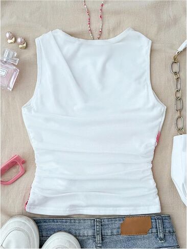 OYOANGLE Girl's Floral Crop Tank Top Sleeveless Ruched Fitted Beach Vacation Tops Hawaiian Clothes in Kuwait