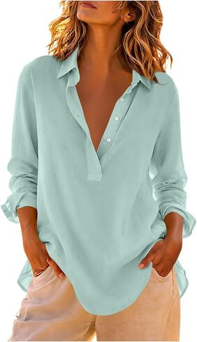 hlysgo Womens Cotton Henley Tunic Tops 2026 Fall Long Sleeve V Neck Button Up Shirts Dressy Casual Collared Gauze Blouse in Saudi Arabia