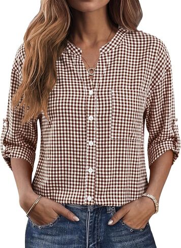 LOMON Women's Button Down Shirts 3/4 Length Sleeve Tops Casual Work Shirt with Pocket S-XXL in Kuwait