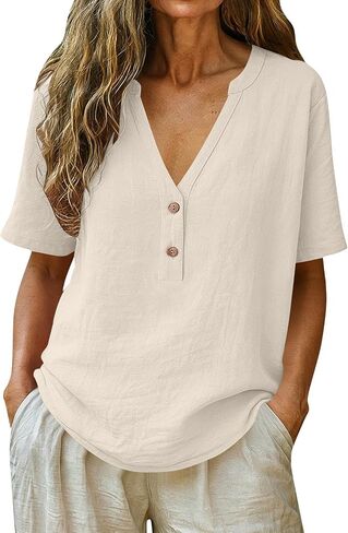 Linen Shirts for Women Lightweight V Neck Short Sleeve Loose Fit Cotton Tops Button Down Casual Dressy Tunic Blouses in Kuwait