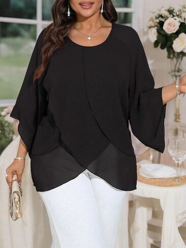 Plus Size Purple Chiffon Blouse | 3/4 Batwing Sleeve, Layered, Sheer, Casual Tunic in Kuwait
