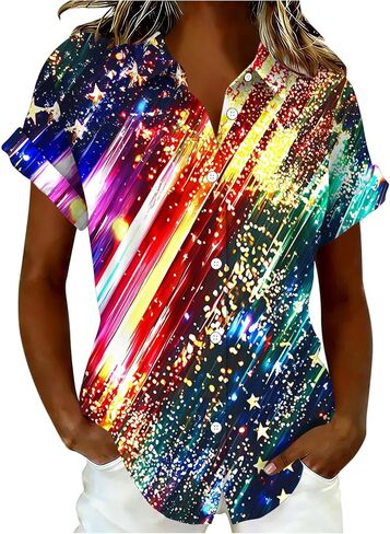 American Flag Shirt for Women 4th of July Button Down Shirt Dressy Casual Collared Patriotic Cloth V Neck Work Tunic in Saudi Arabia