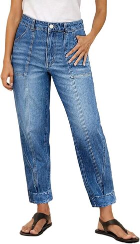 Flamingals High Rise Straight Leg Jeans for Women Seam Front Patch Pocket Wash Casual Loose Fit Denim Pants in Kuwait