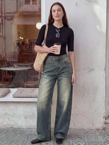 Barrel Jeans for Women,High Waisted Stretchy Trendy Wide Leg Sweatpant Jeans Relaxed Fit Baggy Boyfriend Denim Pants in Saudi Arabia