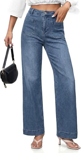 Cicy Bell Womens Wide Leg Jeans High Waisted Stretchy Straight Leg Baggy Trendy Denim Pants with Patch Pockets in Saudi Arabia