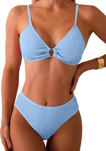 Fanuerg Women's Ribbed Triangle Bikini Sets O Ring Linked Two Piece Swimsuit Textured Cheeky Swim Bathing Suit in Kuwait