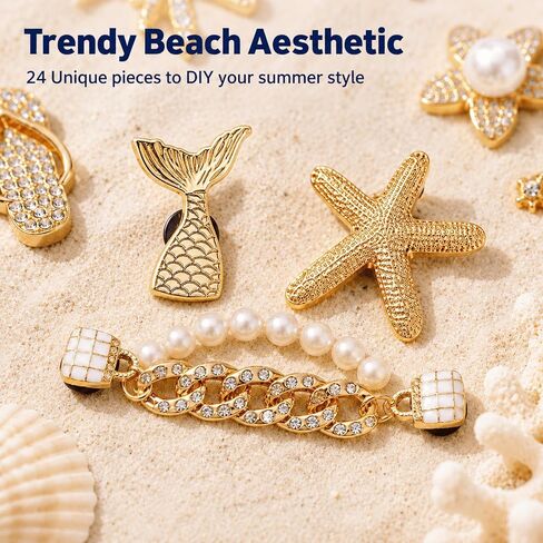 24 Pcs Beach Shoe Charms for Women, Resin Ocean Theme Clog Decoration Accessories with Starfish Pearl, Jewels Flower Charms for Girls,Pearl Shoe Chain in Saudi Arabia