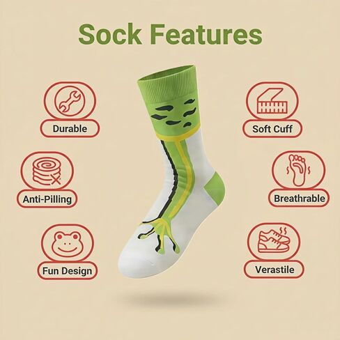 Creative Frog Design Novelty Socks, Novelty Crew Socks - Comfortable Breathable & Non-Irritating Seamless Toe, Moisture Wicking, Stretchy for Daily Wear, Sports, Gifts in Saudi Arabia