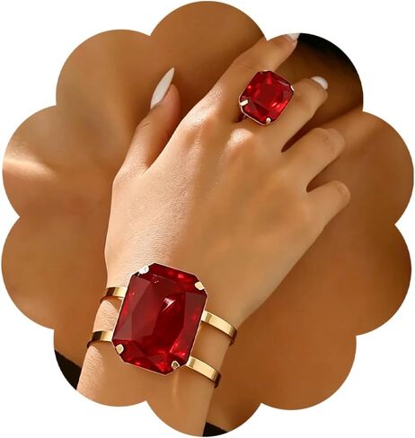 Exaggerated Rhinestone Bracelet Ring Set for Women Statement Multi Colored Artificial Rhinestone Chunky Gold Cuff Bracelet Ring Jewelry Set for Prom Costumes Accessories in Saudi Arabia