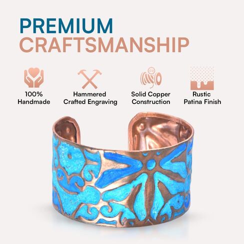 Copper Bracelets for Women – Turquoise Verdigris Patina Copper Cuff Bracelet, Vintage and Boho Jewelry, Handmade Floral Design, Wide Adjustable Open Cuff, Solid Copper Construction, Adult Artisan Gift for Her in Saudi Arabia