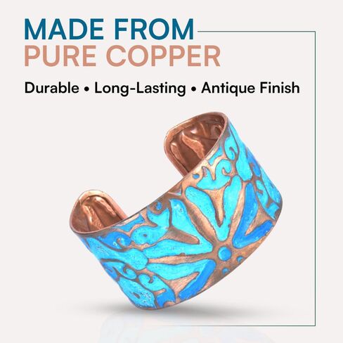 Copper Bracelets for Women – Turquoise Verdigris Patina Copper Cuff Bracelet, Vintage and Boho Jewelry, Handmade Floral Design, Wide Adjustable Open Cuff, Solid Copper Construction, Adult Artisan Gift for Her in Saudi Arabia